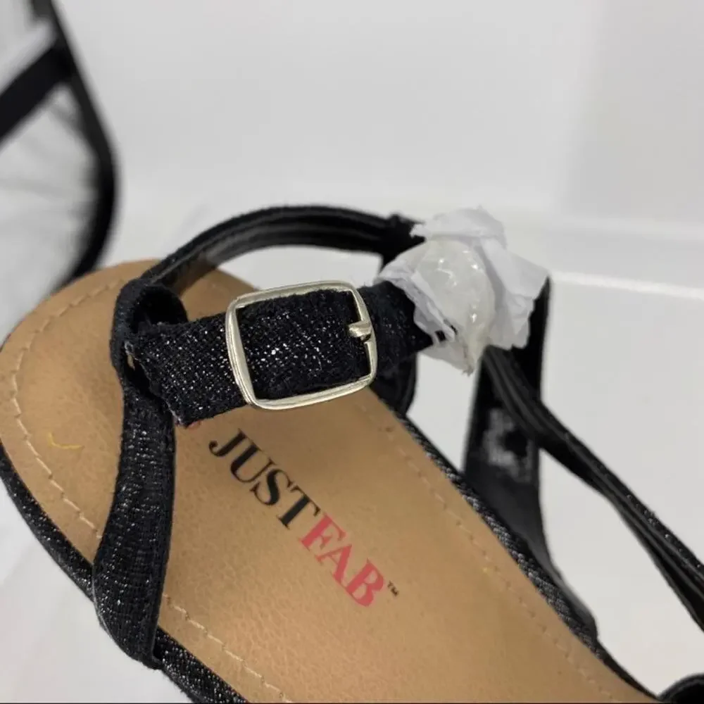 JustFab metallic black canvas cross strap platform wedges braided buckle. Sz 9